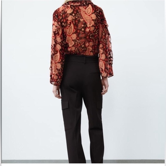 Zara Ruffle bodysuit tie neck long sleeve paisley brown size s new - Picture 9 of 10